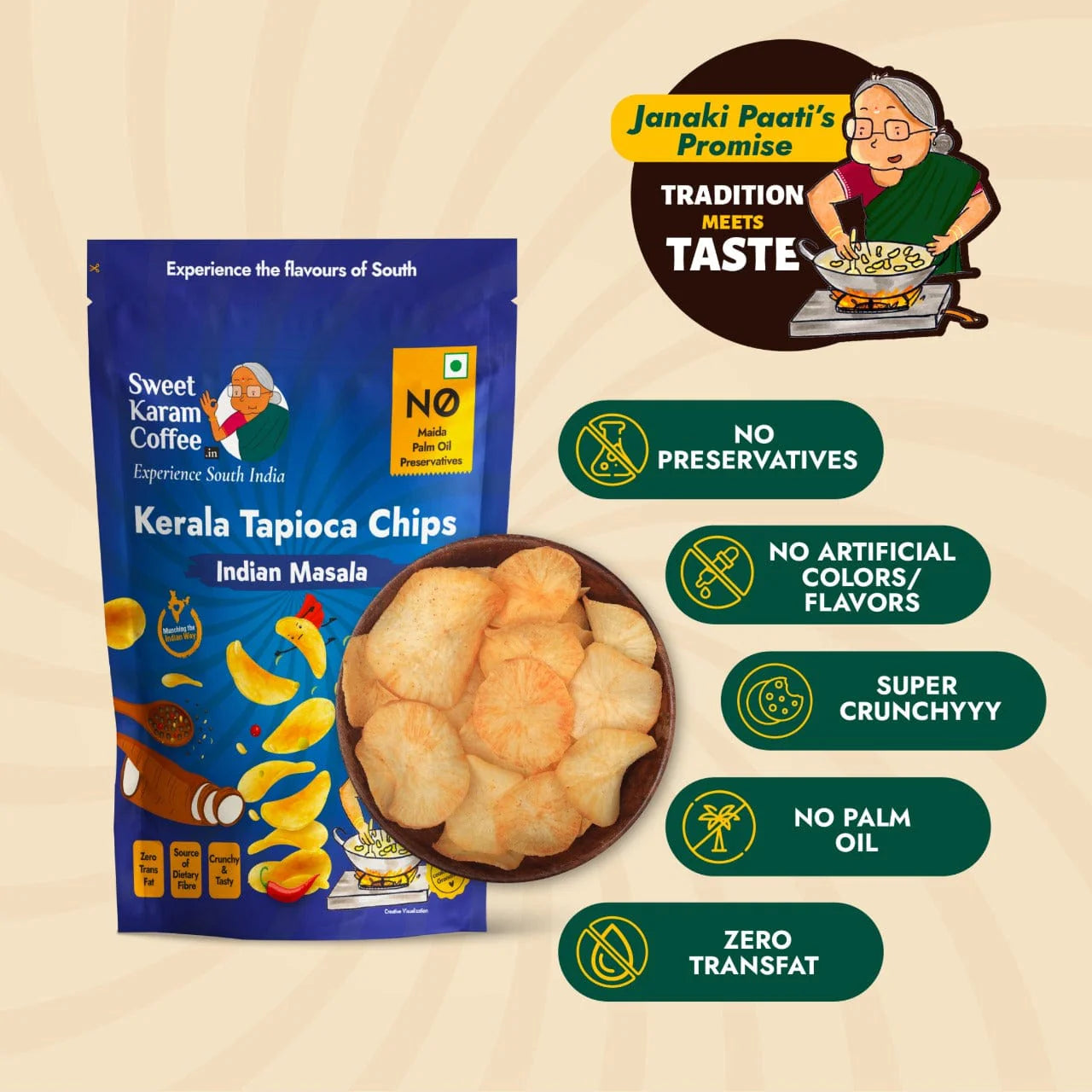 Sweet Karam Coffee's - Kerala Tapioca (Kappa) Chips - Indian Masala 65gms